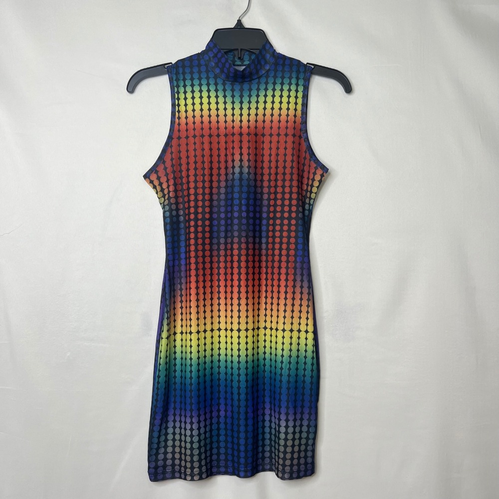 Rainbow Polka Dot Mesh Mini Dress S Sleeveless Sheer Bodycon Rave Festival Retro